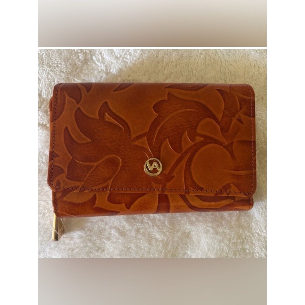 Valentina brown Genuine Leather Floral Leaf  Wallet Made In Italy